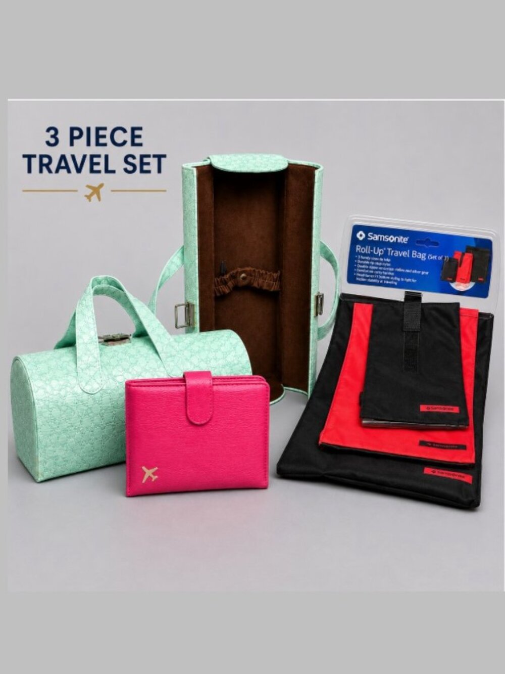 Samsonite 3 Piece Travel Set Tote Wine Bottle Carrier Passport Wallet Travel Bag